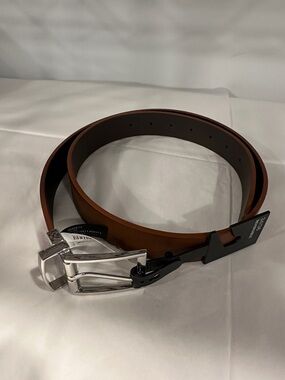Men's Brown Leather Dress Belt with Silver Buckle